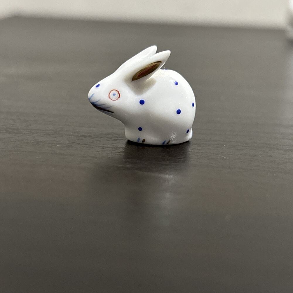 Vintage Mini Herend Polka Dot Bunny Rabbit Blue Dots 24K Gold Figurine